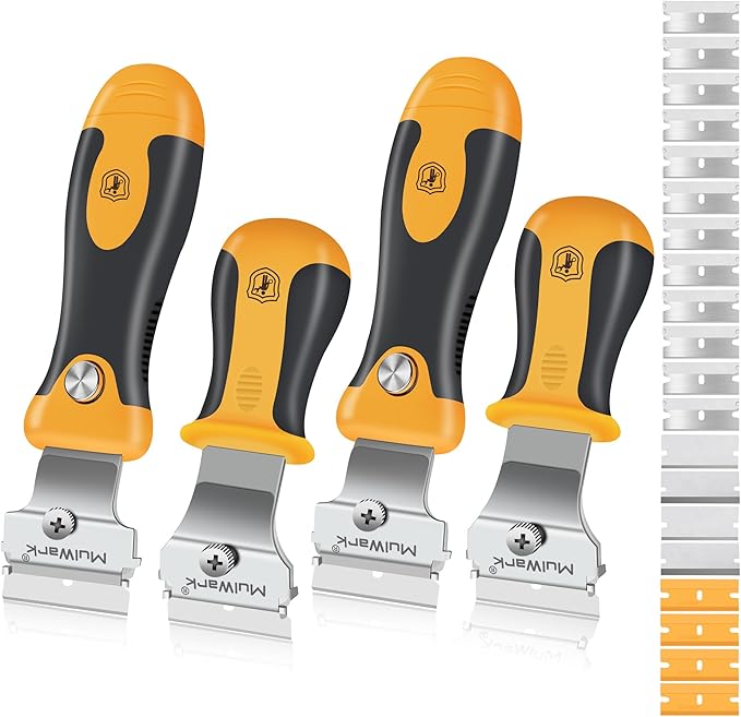 MulWark Razor Blade Scraper, 4 Handles Razor Scraper Set With Extra 24pcs Blades Heavy Duty Paint & Glass Scraper Tool With Extendable Handle for Windows, Oven Cleaning & Surface Prep