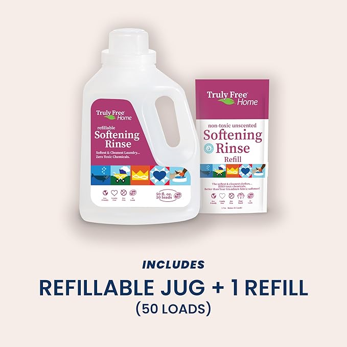Truly Free Fabric Softening Conditioner for Clothes| Safe for Babies & Kids with Sensitive Skin | Plant-Based | Include 1 Refillable 50oz Bottle with Measuring Cap| Unscented Rinse(50 Loads)