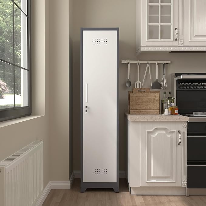 Metal Broom Storage Cabinets, Narrow Cabinet with Hooks, 65" Slim Bathroom Storage Cabinet with Shelves, Heavy-Duty Cleaning Cabinets for Utility Room, Gym, Office, Garage