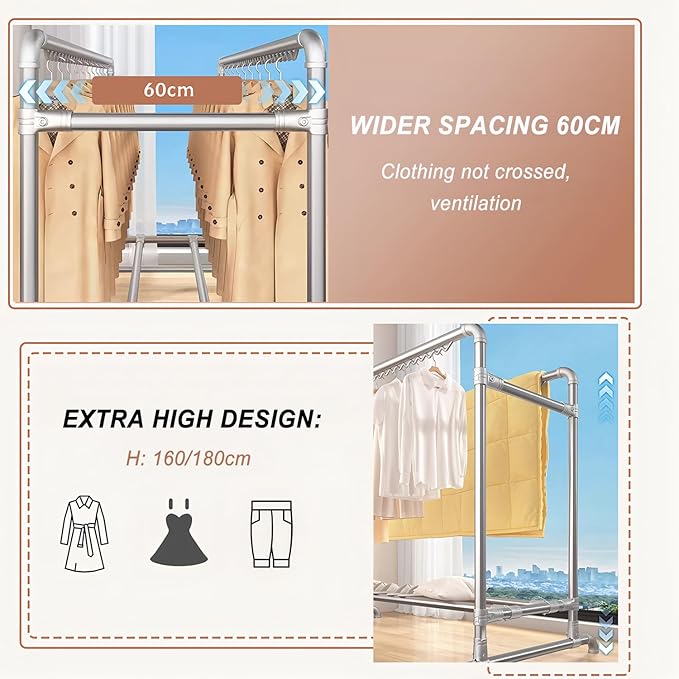 Clothes Drying Rack with Windproof Hooks, 63 inch Drying Rack Clothing Indoor Outdoor, Free Standing Metal Clothes Rack