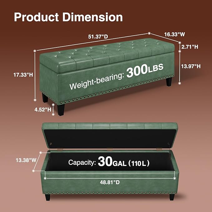 Storage Ottoman Bench, 51-Inch Large Storage Bench for Bedroom End of Bed, 30 Gallons Faux Leather Bench for Bedroom, Living Room, Entryway, Hallway, Green