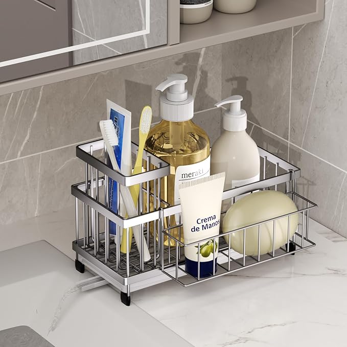 SWTYMIKI Sink Caddy Sponge Holder - Large Sponge Holder for Kitchen Sink with 360°Auto-Drain Tray, Rustproof Stainless Steel Kitchen Organizer Caddy for Countertop Organization