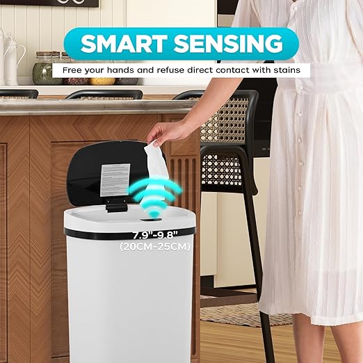 Automatic Motion Sensor Bathroom Trash Can with Lid, 13 Gallon Touchless Trash Bin, Smart Dog Proof Garbage Can, Touch Free Waste Basket for Toilet, Office, Bedroom,White,2