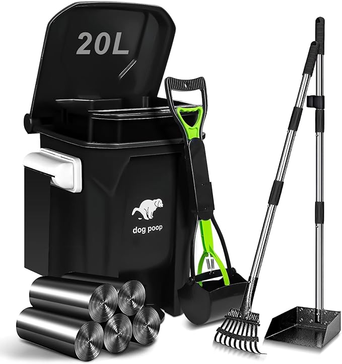 Dog Poop Trash Can Outside with Pooper Scooper and Metal Rake & Tray, 20L/5Gal Dog Waste Trash Can with Lid, Pedal and Removable Inner Waste Bin, Pet Poop Bin with 100 Bags
