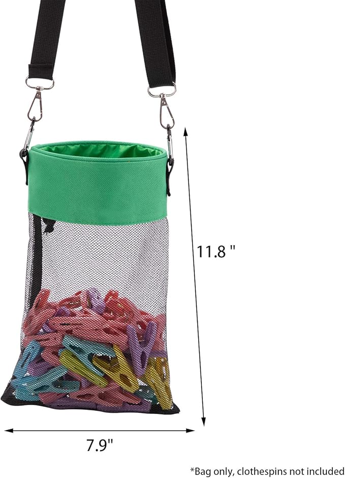 Mesh Clothespin Bag with Hooks Hanging Clothes Pin Bag with Drawstring Closure Clothespin Holder, Ventilation and Moisture Resistance, Storage Organizer, Machine Washable （Green）