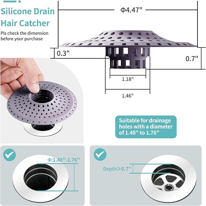 Shower Hair Drain Catcher, Silicone Bathtub Drain Hair Catcher Strainer, All-in-one Tub Hair Catcher Drain Protector for 1.48'' to 1.76'' Regular Drains, 3PCS/Purple