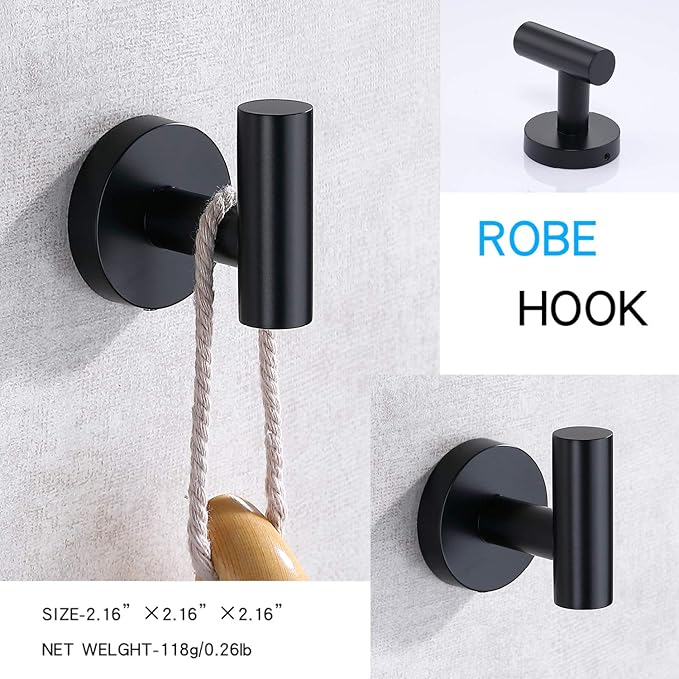 TASTOS Matte Black Bathroom Towel Coat Hook Stainless Steel, 2 Pack Robe Clothes Cabinet Closet Sponges Hooks Holder Round Style Heavy Duty Wall Hook for Bathroom Kitchen Hotel Wall Mounted