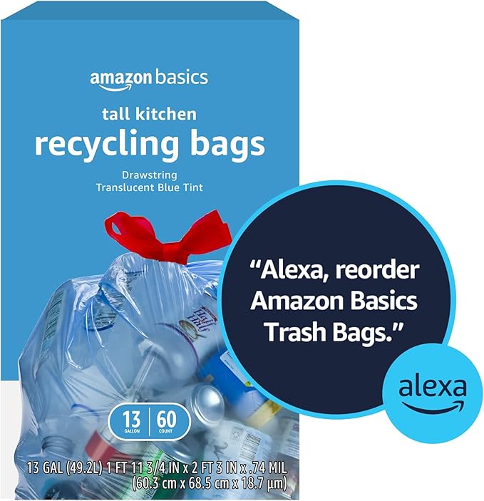 Amazon Basics Blue Recycling Trash Bags, Unscented, 13 Gallon, 60 count (Pack of 2)
