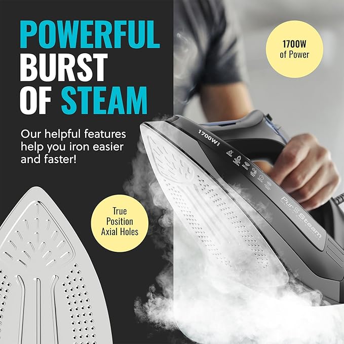 Pursteam Steam Iron for Clothes 1700W with Self-Cleaning Nonstick Stainless Steel Soleplate, Auto Shutoff, Anti-Drip