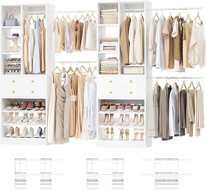Closet System, Up to 134"/11.2 FT Closet Organizer with 4 Wooden Drawers and Shelves, Walk-in Closet System with 6 Hanging Rods, Built-in Closet Can Fit 96"/8FT, 120"/10FT, White