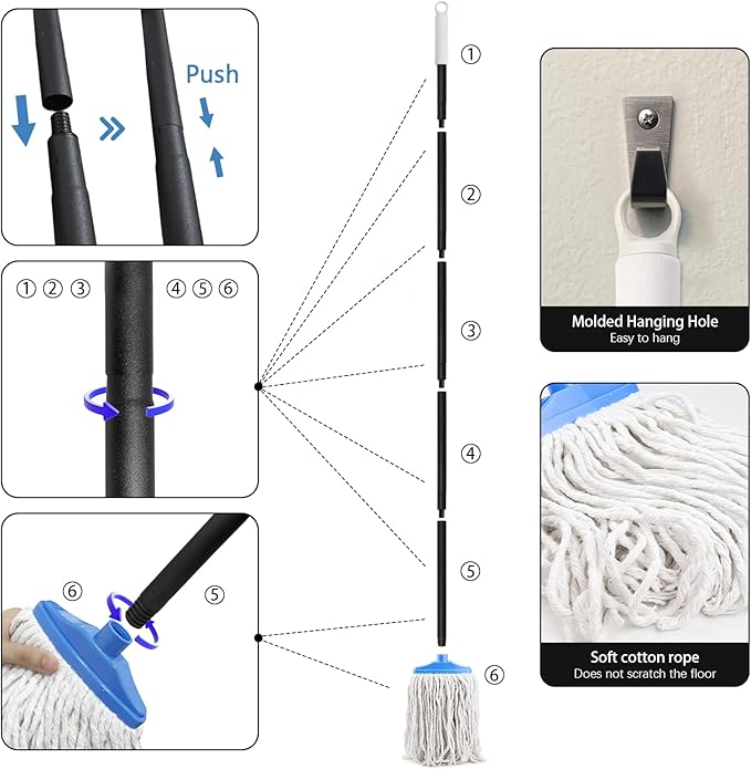 Indoor Cotton Mops for Floor Cleaning - Indoor Cleaning Mop for Wood Floors, Tile, Hardwood Floor, 52" Adjustable Iron Handle Regular Mops to Clean Living Room, Kitchen, and Bathroom. (Blue White