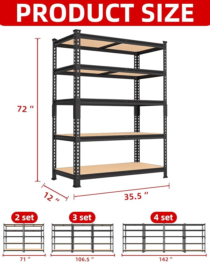 PrimeZone 35.5" x 12" x 72" Heavy Duty Storage Shelves - 5 Tier Adjustable Garage Storage Shelving, Metal Storage Utility Rack Shelf Unit for Warehouse Pantry Closet Kitchen, Black