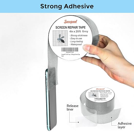 Grey Window Screen Repair Tape, 4IN X 20FT (240IN) Screen Repair Kit for Windows or Doors, Strong Adhesive Patch Kit Fiberglass Mesh Tape