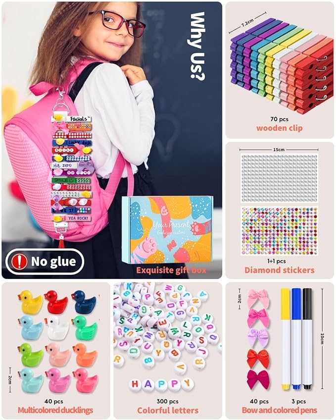 SF SOONEAT Cheer Pins for Backpack Cheer Stuff Kit 70 Colored Clothes Pins with Mini Resin Ducks Bows Letter Beads Team Cheerleaders Gifts Bulk Pin Me Ribbon for Bag Decorations Colorful Spirit Clips