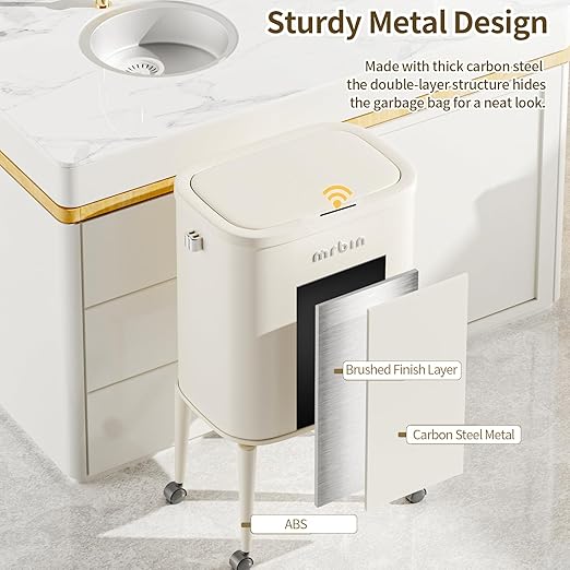 MRBIN Metal Motion Sensor Kitchen Trash Can with Wheel Legs, 36L / 9.5gal Medium Press Lid Slim Waste Basket, Pet Proof Tall Narrow Garbage Pail for Vanity, Bedroom, Bathroom, Living Room, Sunflower