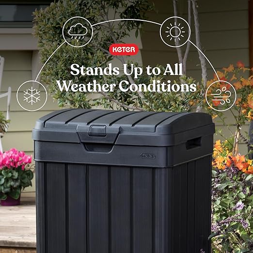 Keter Baltimore Resin 38 Gallon Outdoor Kitchen Trash Can with Lid and Drip Tray for Easy Cleaning-Perfect for Patio Dining, Black