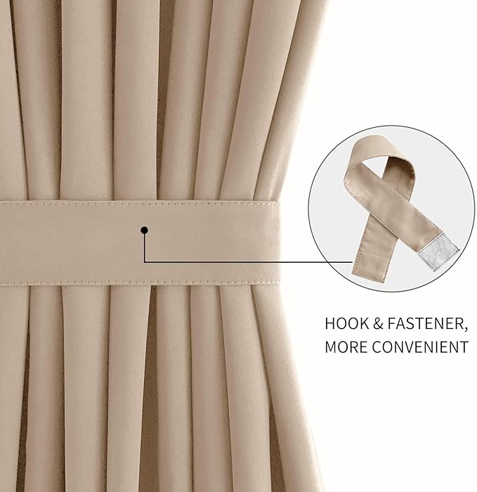 DWCN French Door Curtains – Rod Pocket Thermal Blackout Curtain for Doors with Glass Window, Kitchen and Patio Doors for Privacy, 36 X 80 Inches Long, 1 Curtain Panel with Tieback, Beige