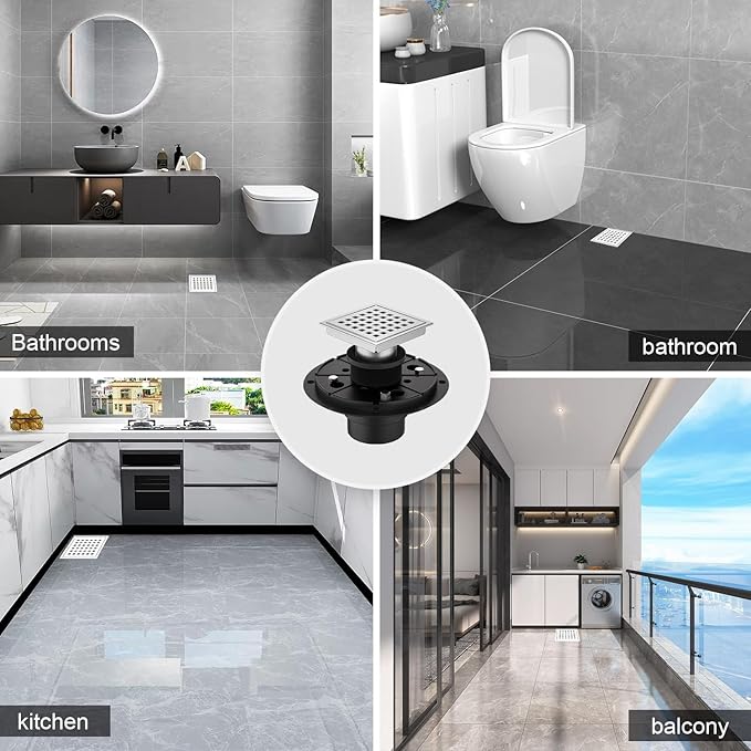 6 Inch Square Shower Drain Chrome, Bathroom Floor Drain, Stainless Steel Drain Kit with Flange, Removable Grid Cover, Hair Strainer