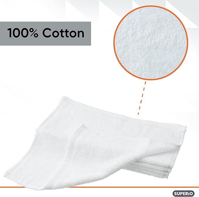 Superio Terry Cloth Rags White Washcloths 100% Cotton 12" Cleaning Cloths, Kitchen Towels, Facial Washcloth, Spa Cloths, Hand Towel, Small Lint Free Rags for Multi-Purposes (24 Pack)