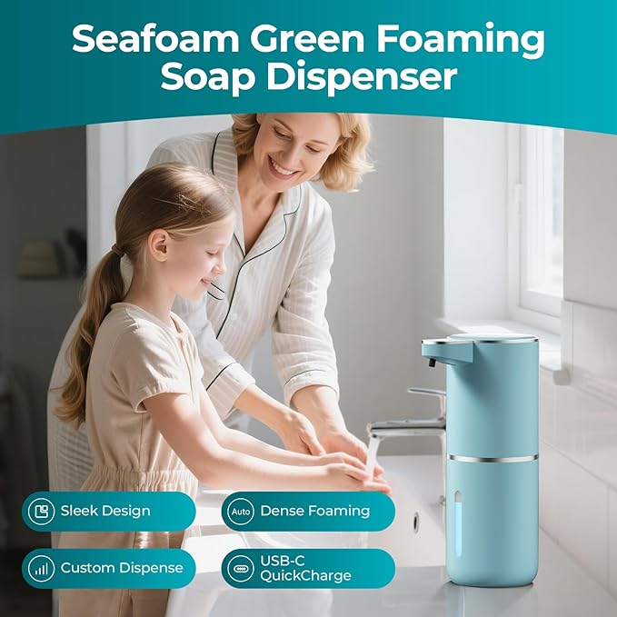 Seafoam Automatic Foaming Soap Dispenser - Touchless Hand Sensor, 4 Foam Settings, USB-C 1200mAh Large Capacity Rechargeable, Modern Design for Bathroom & Kitchen