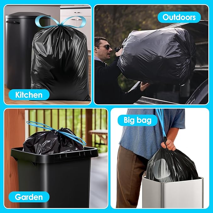 Teivio 20 Gallon 60 Counts (fit 18-20 Gal) Large Drawstring Trash Bags Strong Tall Kitchen Compactor Bags Garbage Bags for Home/Office/Light Residential Waste/Outdoor Trash Can, Lawn，Black Trash Bags