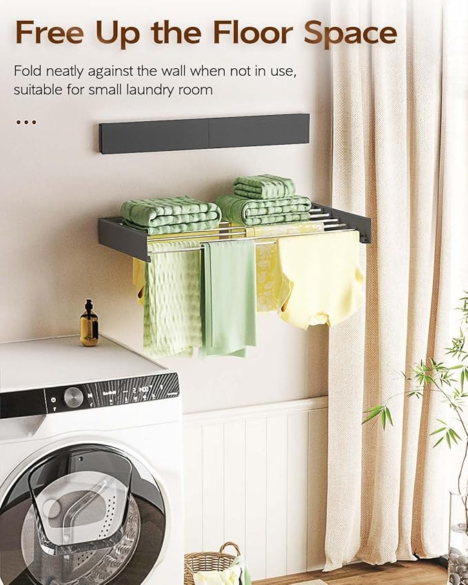 Wall Mounted Clothes Drying Rack 40", Foldable Wall Mount Laundry Rack Folding Indoor, Drying Rack Clothing Collapsible, Hidden Space Saver with Wall Template, 6 Rods, Black