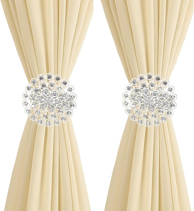2 Pack Crystal Flower Curtain Tiebacks – Decorative Spring Wire Buckle Clips with Sparkling Rhinestone Flower Design, No Drilling, Easy Fit for Drapes & Sheers (Silver)