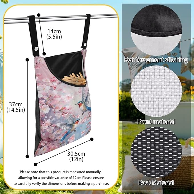 2 Pcs Pin Bag, Hummingbird Print Clothes Pin Hanging Bag Clothespin Storage Organizer with Large Opening Storage Organizer Space-Saving Laundry Hanging Bag