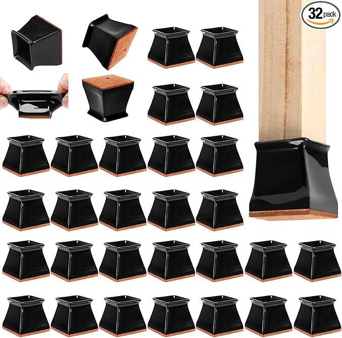 CHUNZEXI 32 Pack Square Chair Leg Floor Protectors for Hardwood Floors, Silicone Felt Covers Pads Caps, Protect Wood Furniture Feet Floors Noise Reduce and Scratch (Square Small & Black)