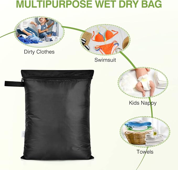 OTraki 12x16 inch Wet Bag 2Pcs Waterproof Swim Bag for Wet Clothes Small Swimsuit Dirty Clothes Laundry Bag Travel Machine Washable for Gym Beach Pool, Oxford Cloth with Handle & Zippered, Black