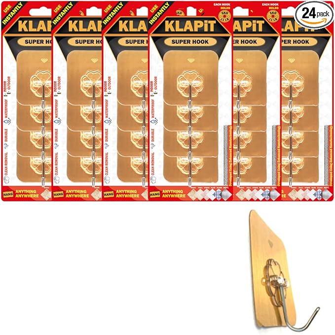 KLAPiT Super Hook - Heavy-Duty Adhesive Gold Wall Hooks, Holds Up to 11 lbs, Waterproof, No Damage, Easy Install on Tile, Wood, Stone, Glass & Metal - Made of Steel (Gold, 24pc)