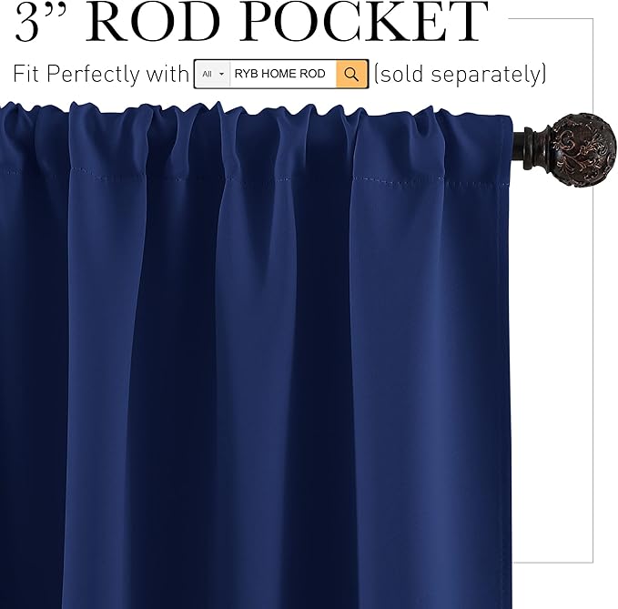 RYB HOME Small Window Tier Curtains, Light Block Privacy Solid Portable Drapes for Kitchen Cabinet Kid Bedroom Basement RV Curtains, Wide 52 x Long 36 per Panel, Marine Blue, 2 Pcs