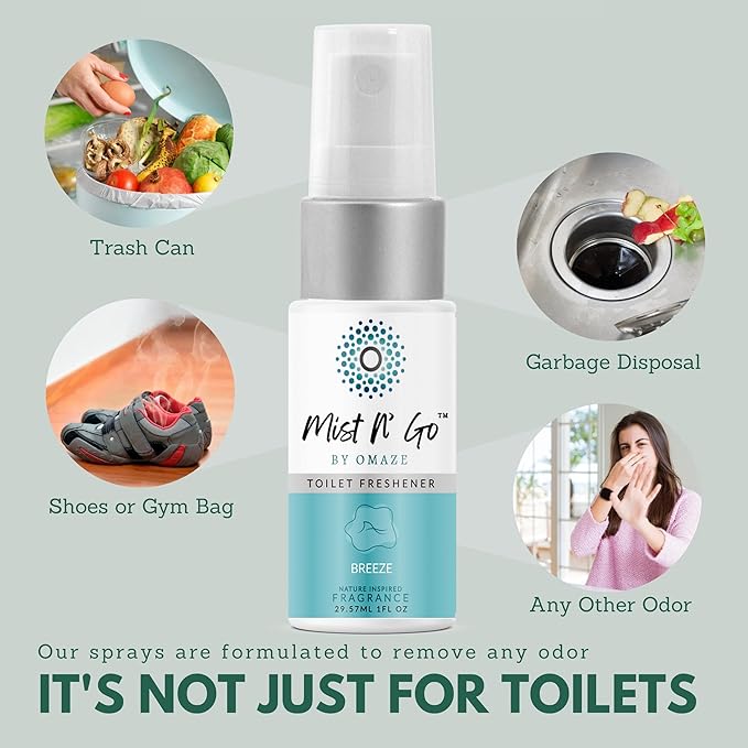 Mist N’ Go by Omaze Travel Bathroom Spray for Toilet Spray Odor Eliminator - Travel Toilet Spray for Bathroom Air Freshener Spray for Bathroom Deodorizer - Breeze Travel Size (1oz x2)