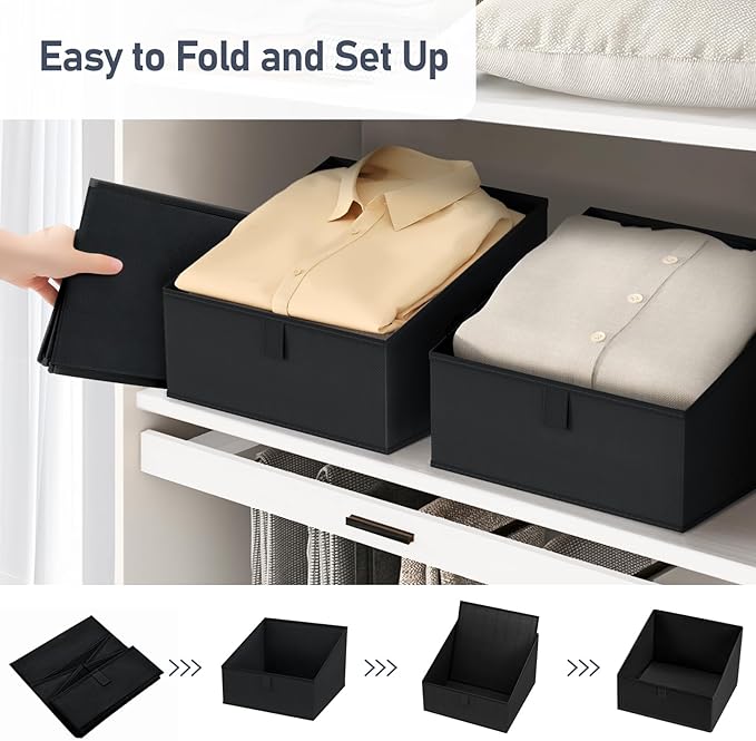 DIMJ Closet Storage Bins 8 Pack - Fabric Trapezoid Closet Organizer Bin, Foldable Storage Baskets for Shelves, Closet Shelf Organizer, Clothing Storage Box for Toys, Books, Towel, Clothes, Black