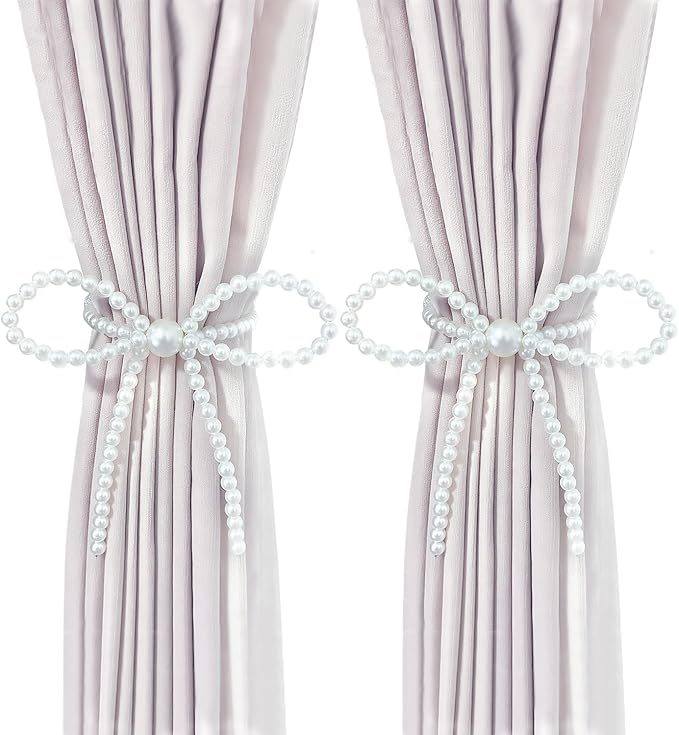 Magnetic Tiebacks for Curtains, 2 Pack Bow Pearl Curtain tiebacks Curtain Buckle Clips with High-Elastic Spring Wire,Curtain Holders for Wall,Drapery tiebacks,Curtain Ties (2pcs Bow)