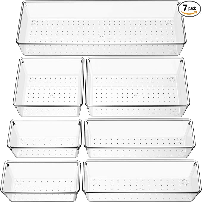 Criusia Clear Drawer Organizer 7 PCS - 5 Size Plastic Versatile Kitchen and Bathroom Organizer Trays, Non-Slip Storage Bins for Makeup, Utensils, Tool and Office Desk