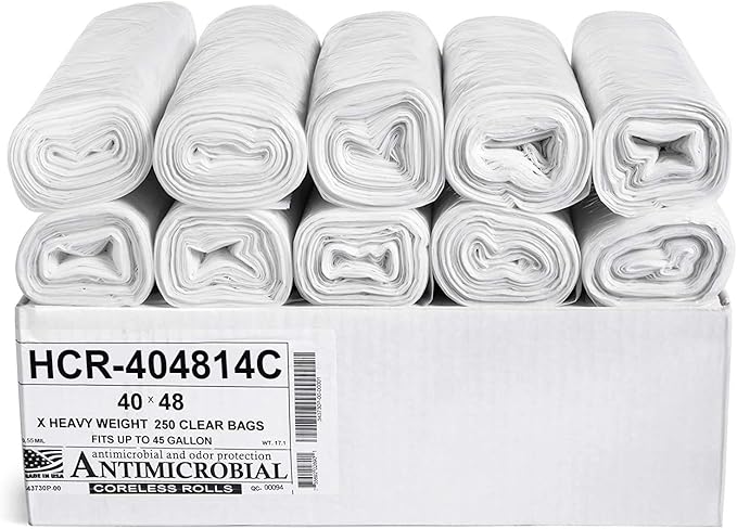 Aluf Plastics High Density Trash Bags, 45 Gallon, 250 Count, 14 Micron (eq), 40" x 48", Clear, for Bathroom, Office, Industrial, Commercial, Janitorial, Municipal, Recycling