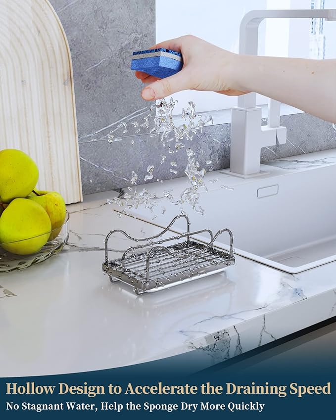 Consumest Sponge Holder for Kitchen Sink - Movable Sink Caddy for Countertop Organizer, 304 Stainless Steel Sponge Holder with Detachable Drip Tray for Kitchen Accessories-Silver