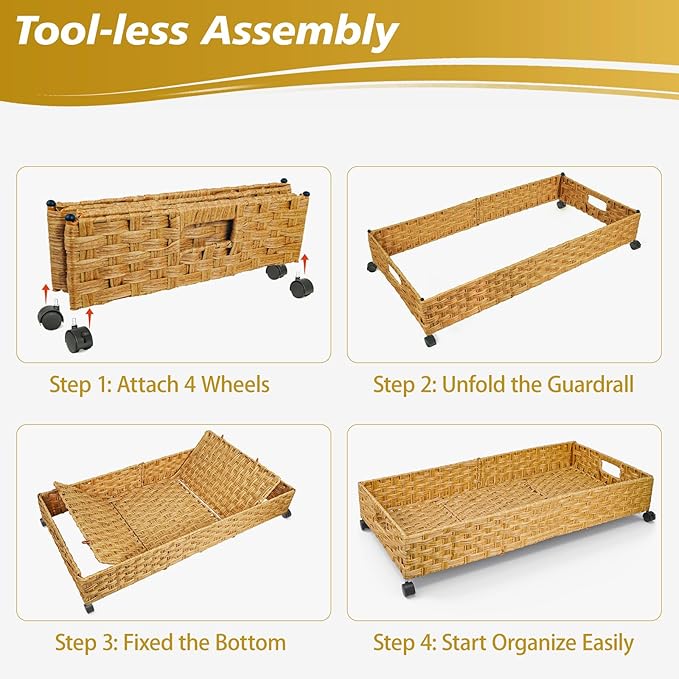 Under Bed Storage Containers with Wheels, 31.5in / 35L Handmade Rattan Underbed Organizer Drawer, Tool-free Assembly Rolling Under Bed Storage Bins for Shoes Clothes Toy Book