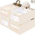Criusia Linen Closet Organizers and Storage, 4 Pack Linen Closet Baskets with Mesh Window for Organization, Foldable Closet Organizer for Clothing, Towels, Toys, Nursery, Books, Shelves, Beige