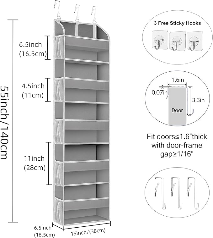 2 Pack Over The Door Storage Organizer with 5 Pockets 10 Mesh Side Pockets, 44 lbs Weight Capacity Door Hanging Organizers and Storage for Bedroom,Bathroom,Nursery,Pantry,Dorm(Light Gray)