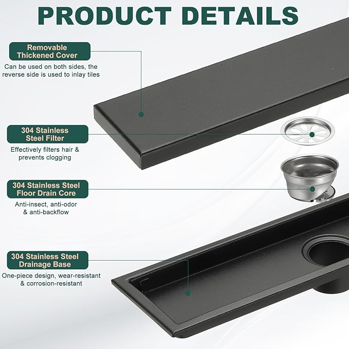 uxcell Rectangular Shower Drain, Brushed 304 Stainless Steel Odor-Proof Floor Drain Linear Shower Drain Hair Catcher for Bathroom Kitchen and Laundry Room(16 Inch, Black)