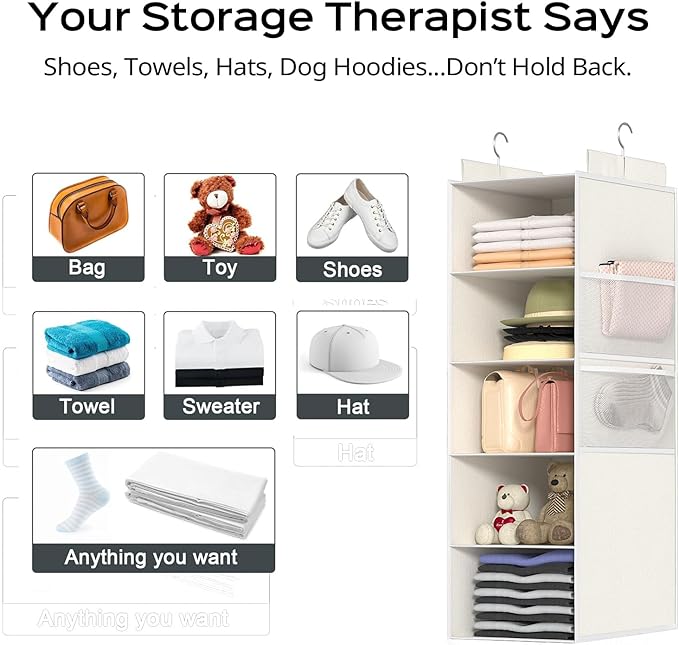 Extra Deep Hanging Closet Organizer with Shelves and Oversized Mesh Pockets, Heavy-Duty Structure, No Deformation, Max Storage for Clothes, Shoes, Hats, Dorms and RVs,1-Pack (White, 5 Tier)