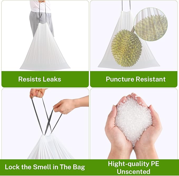 10 Gallon Trash Bags Drawstring, 1 Mil Thick White Garbage Bag for Office Kitchen, 75 Count