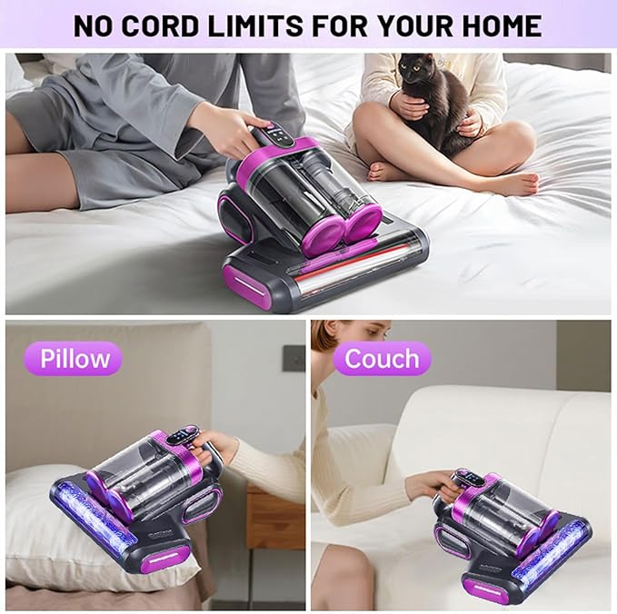 Bed Vacuum Cleaner, 16Kpa Mattress Vacuum Cleaner with 253.7nm UV-C Light 48000 RPM/Min Brushroll & Ultrasonic Tech Dual Bins for Dust & Widen Suction Port 120W Cordless for Bed Sofa(Purple)