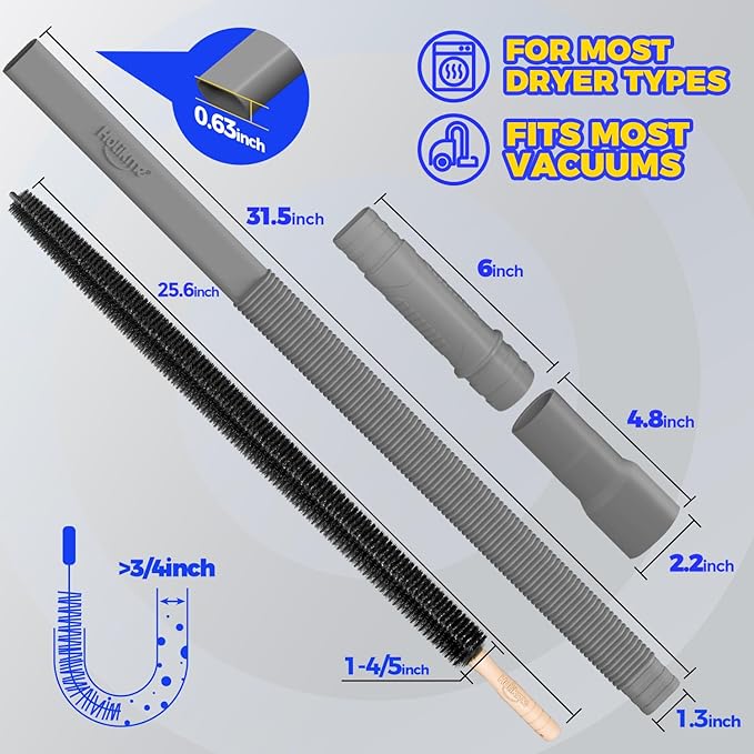 Holikme 2 Pieces Dryer Vent Cleaner Kit, Dryer Lint Vacuum Attachment and Flexible Dryer Lint Brush, Dryer Vent Vacuum Hose Attachment,Grey