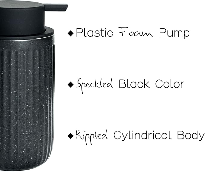 Black Ceramic Foaming Soap Dispenser, Speckled Rippled 12 oz Bottle with Black Silicone Pump, Foam Dispenser for Kitchen or Bathroom, Speckled Black