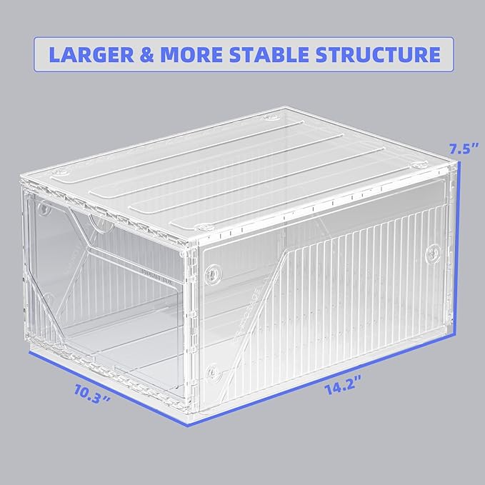 6 Pack Upgraded XX-Large Storage Organizer with Magnetic Door, New structure is more stable, Thicken & Sturdy Clear Stackable Interconnectable Shoe Box for Entryway, Closet, Under Bed