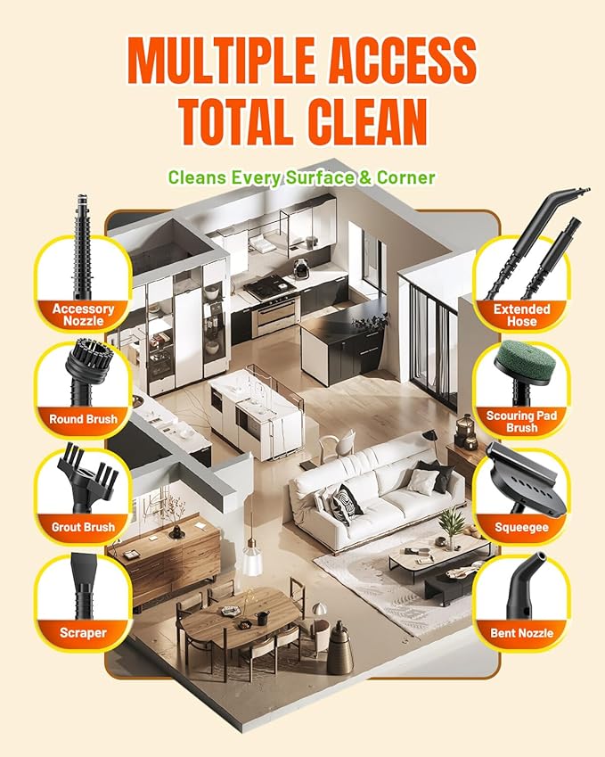 Handheld Steam Cleaner for Home, Portable Steamer Cleaner with 12 Accessories, 15S Fast Heat Up, Steam Adjustable, Hand Held Steamer for Cleaning Grout, Floor, Kitchen, Bathroom, Windows
