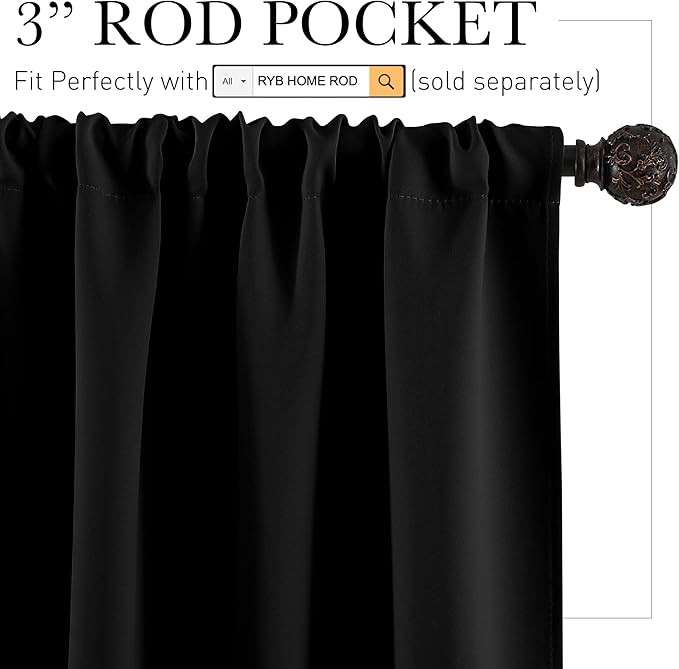 RYB HOME Large Curtains for Living Room 84 inches Length, Blackout Privacy Room Divider Curtains for Doorway Closet Basement Patio Door Bay Window, W 70 x L 84, Black, 2 Panels
